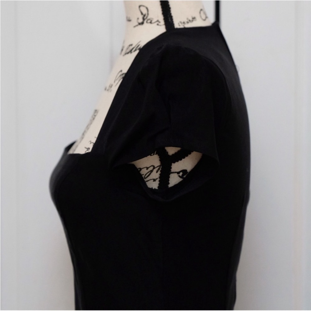 Lovely Day Black Square Neck Mini Dress Puff Sleeve 90s Minimal LBD Size L - Picture 7 of 9